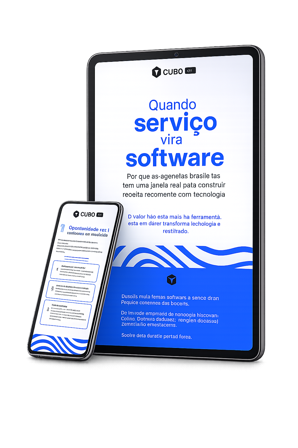 Mockup do ebook Quando serviço vira software em tablet e celular